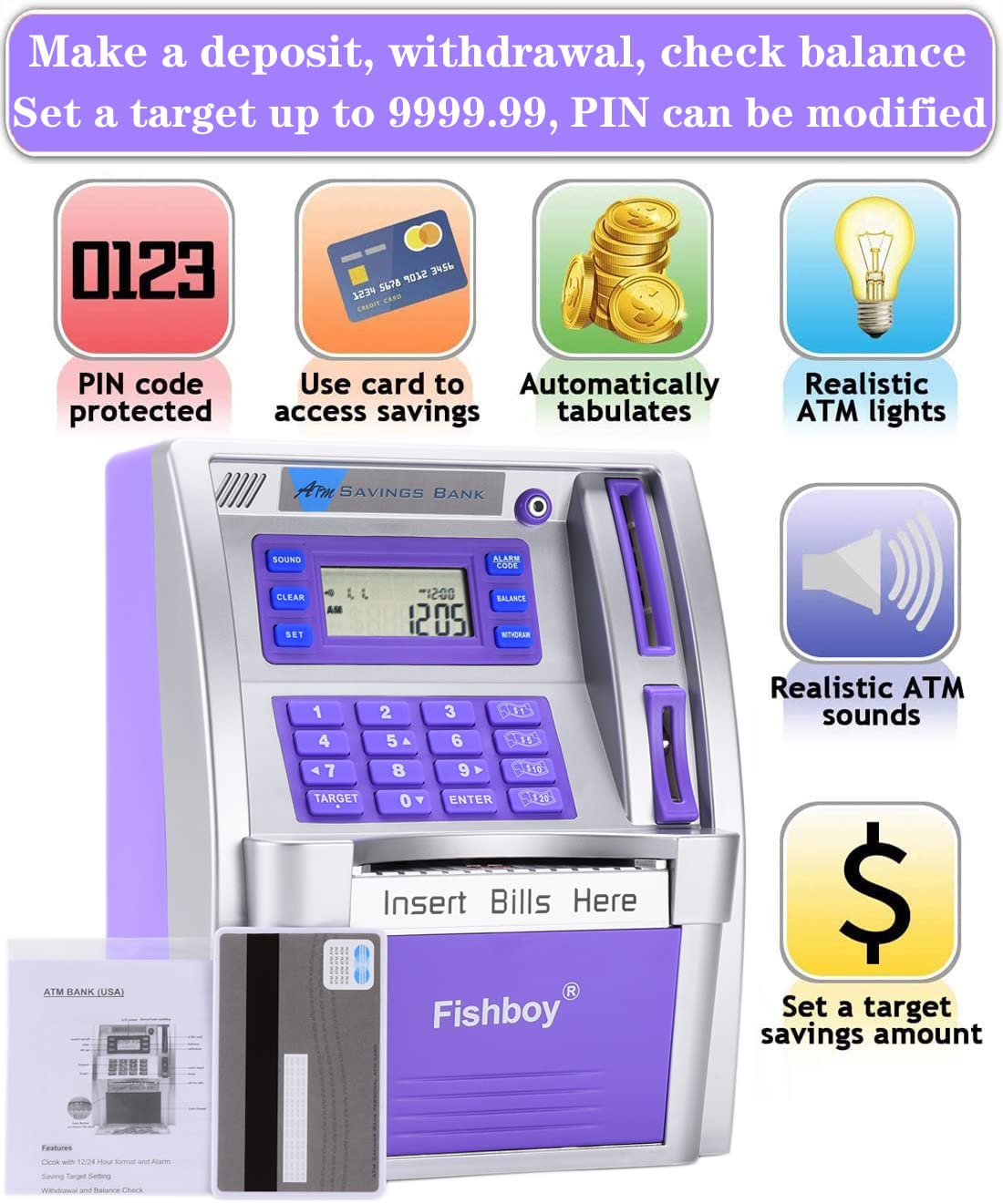 Fishboy ATM debit card with prompts guiding deposits and withdrawals