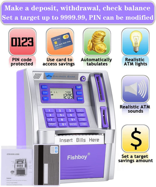 Fishboy ATM debit card with prompts guiding deposits and withdrawals