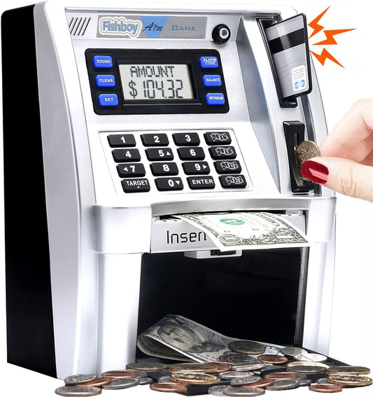 Fishboy ATM piggy bank with debit card shows deposits and balance for real-money lessons.