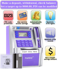 Fishboy ATM debit card with prompts guiding deposits and withdrawals