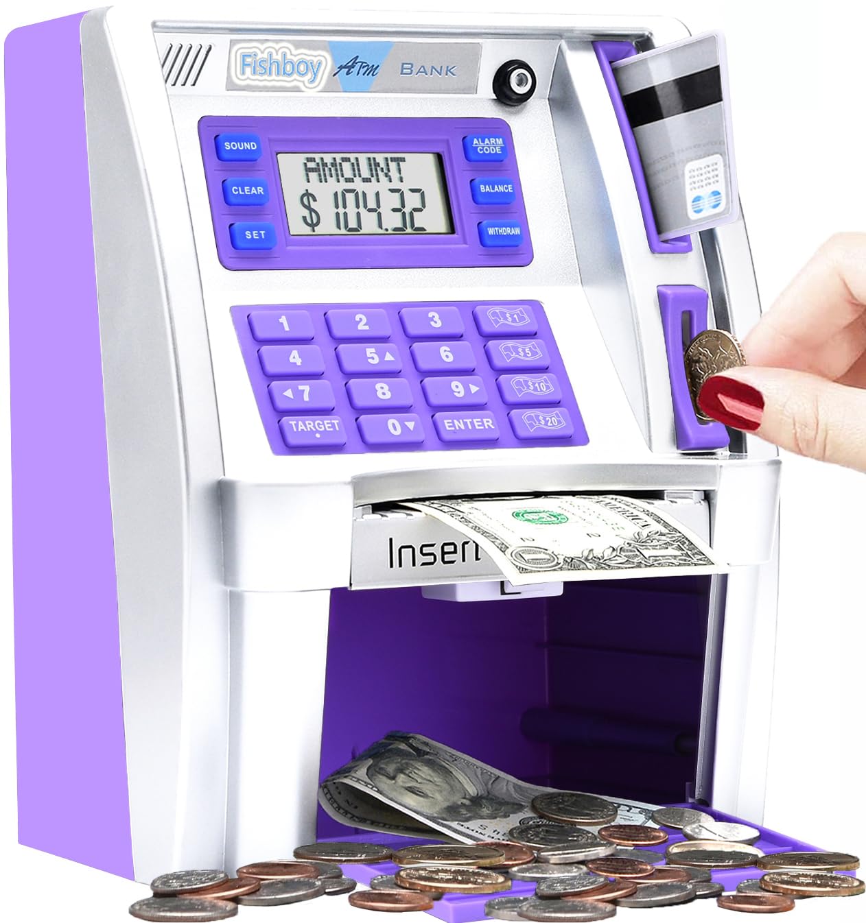 Fishboy ATM piggy bank showing coin deposits with balance update