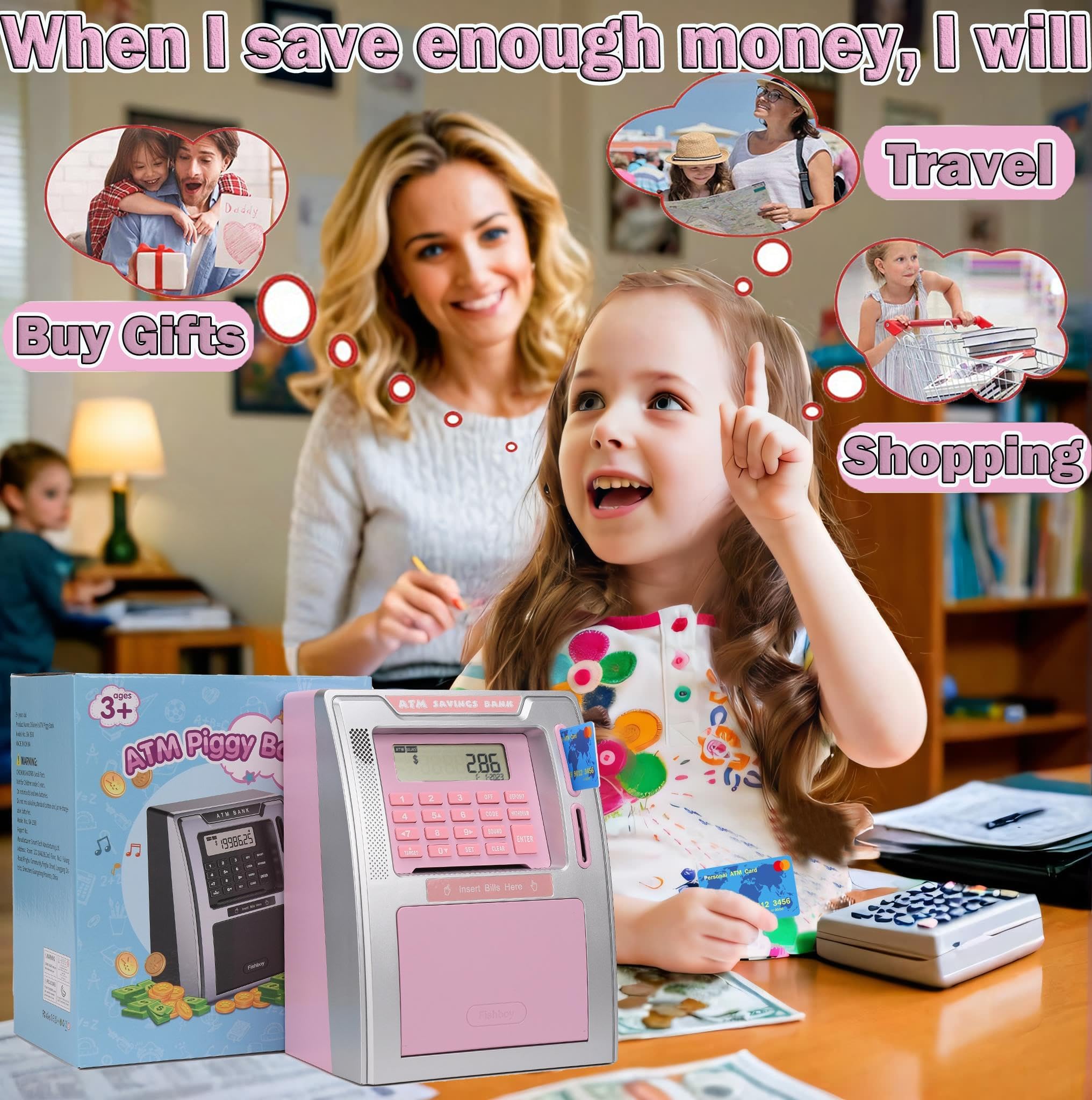 Fishboy piggy bank with auto-opening drawer during deposit