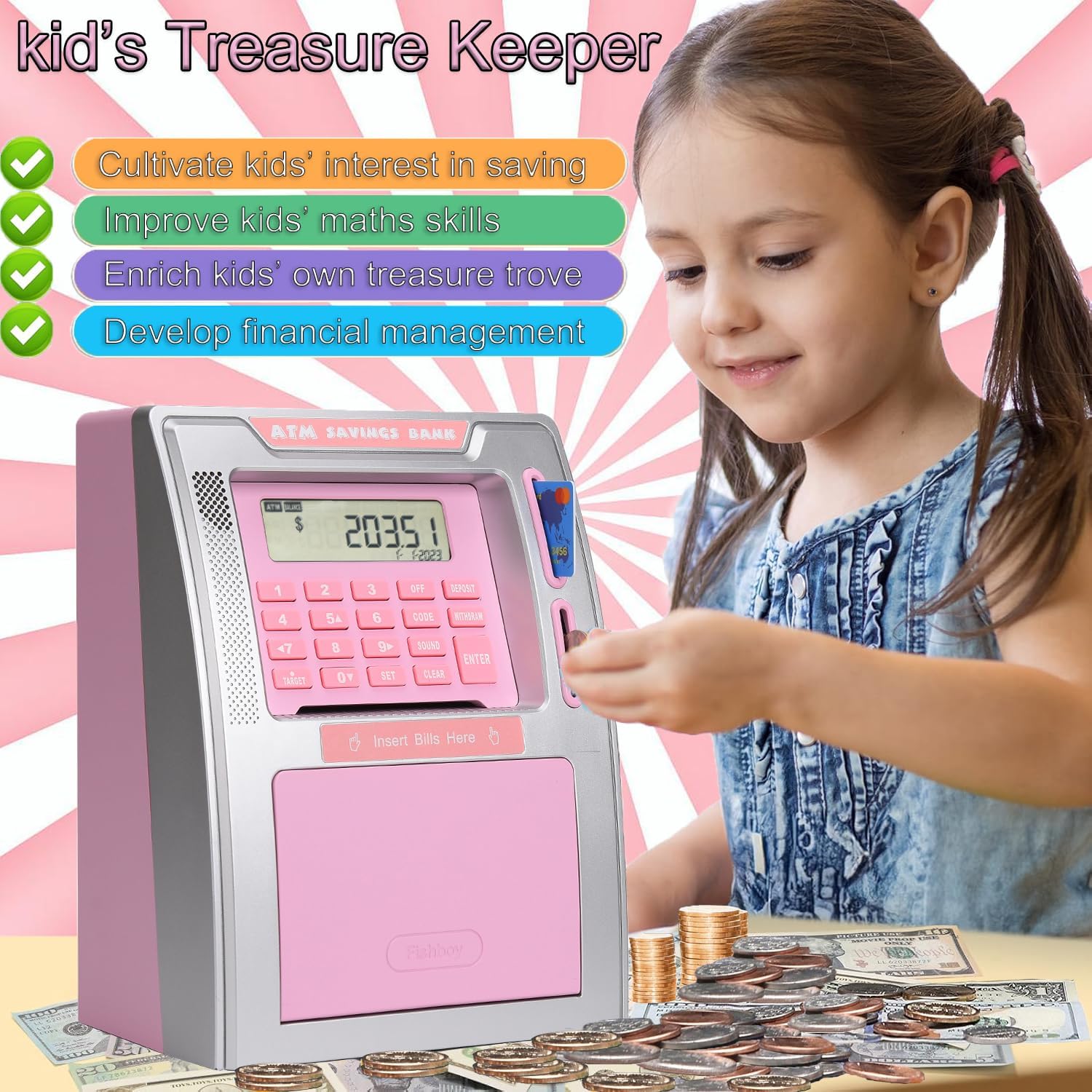 Fishboy piggy bank dual cards for secure savings access