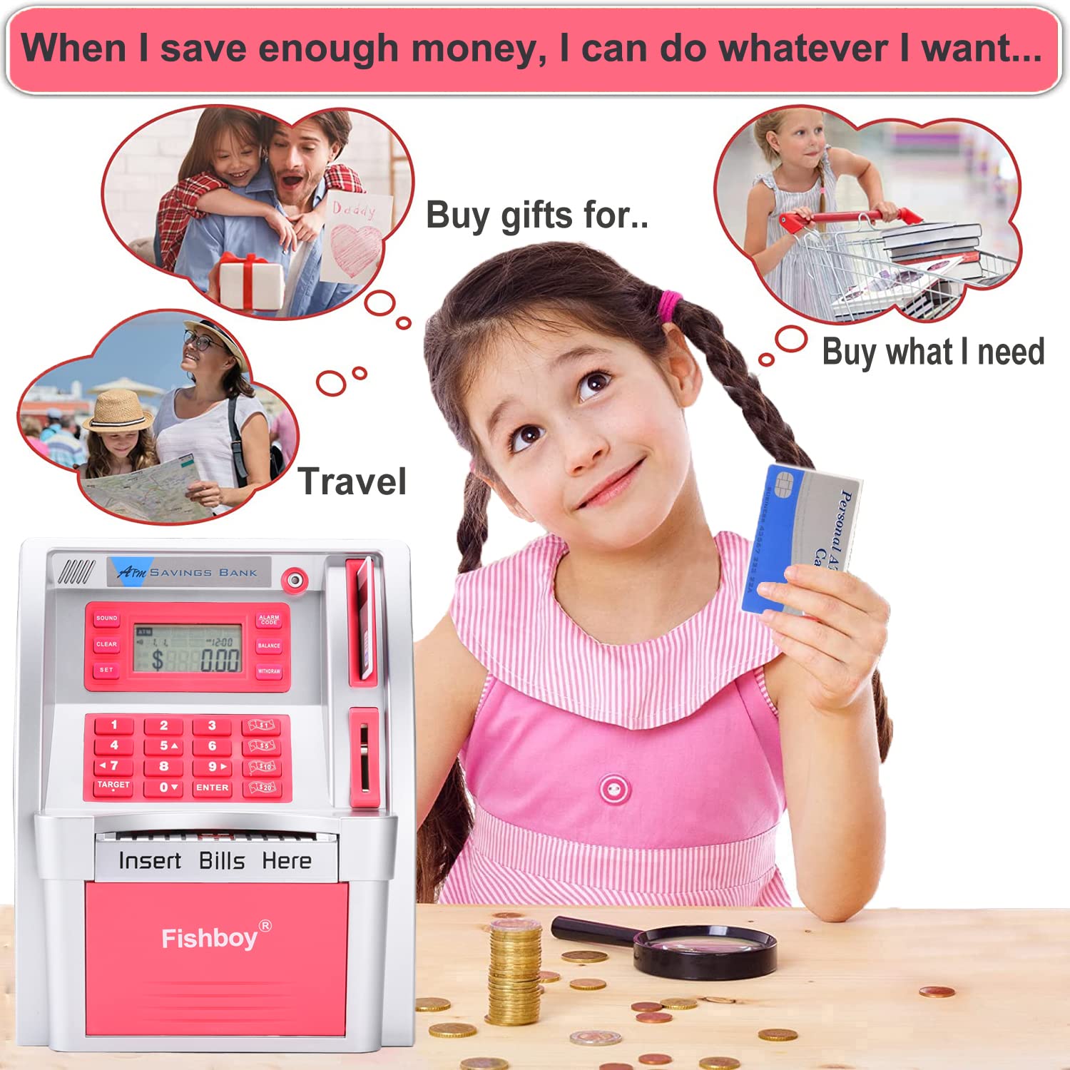 Fishboy Pink ATM Piggy Bank balance display shows real-time totals