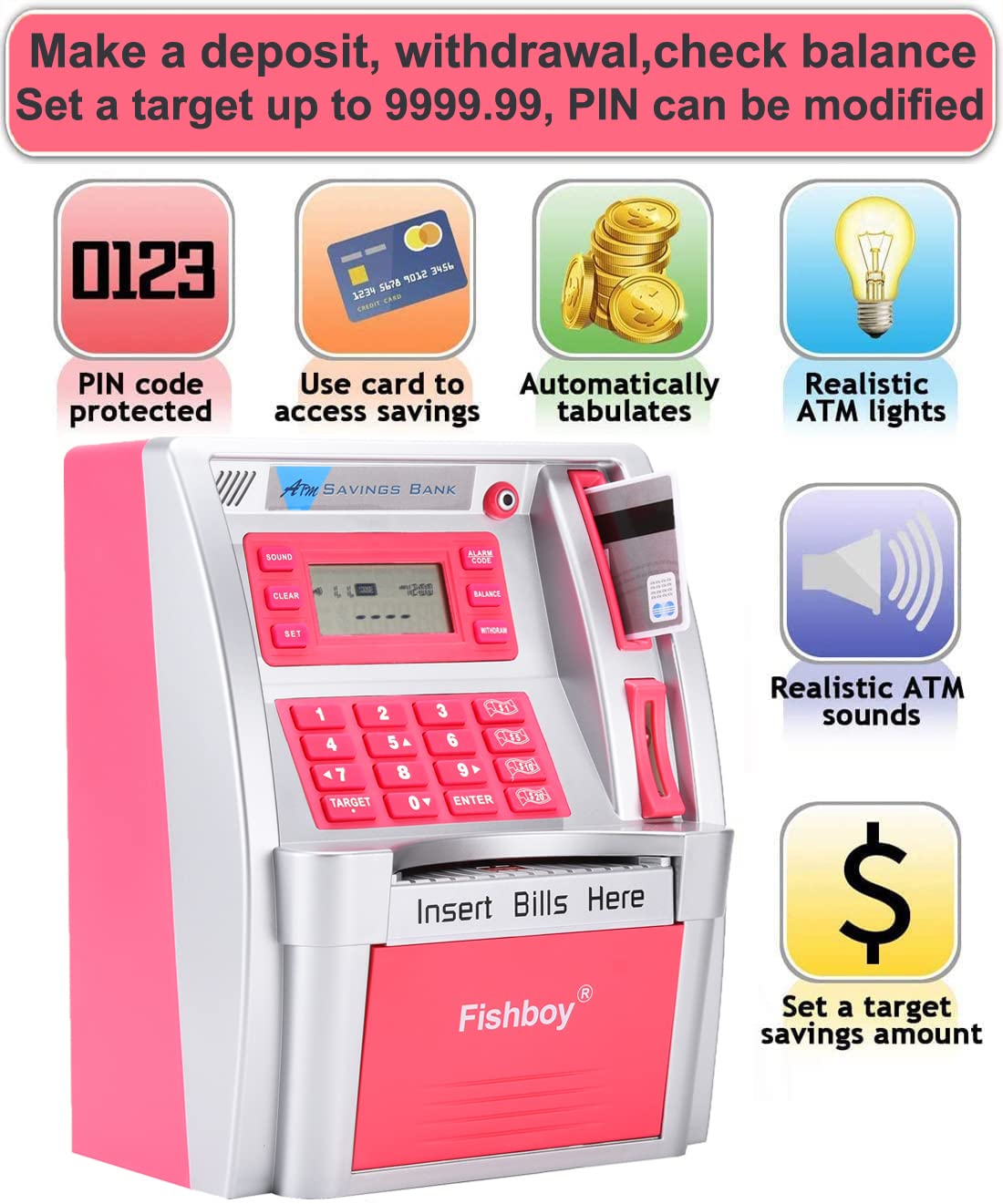 Fishboy Pink ATM Piggy Bank coin slot reads coins to track the balance