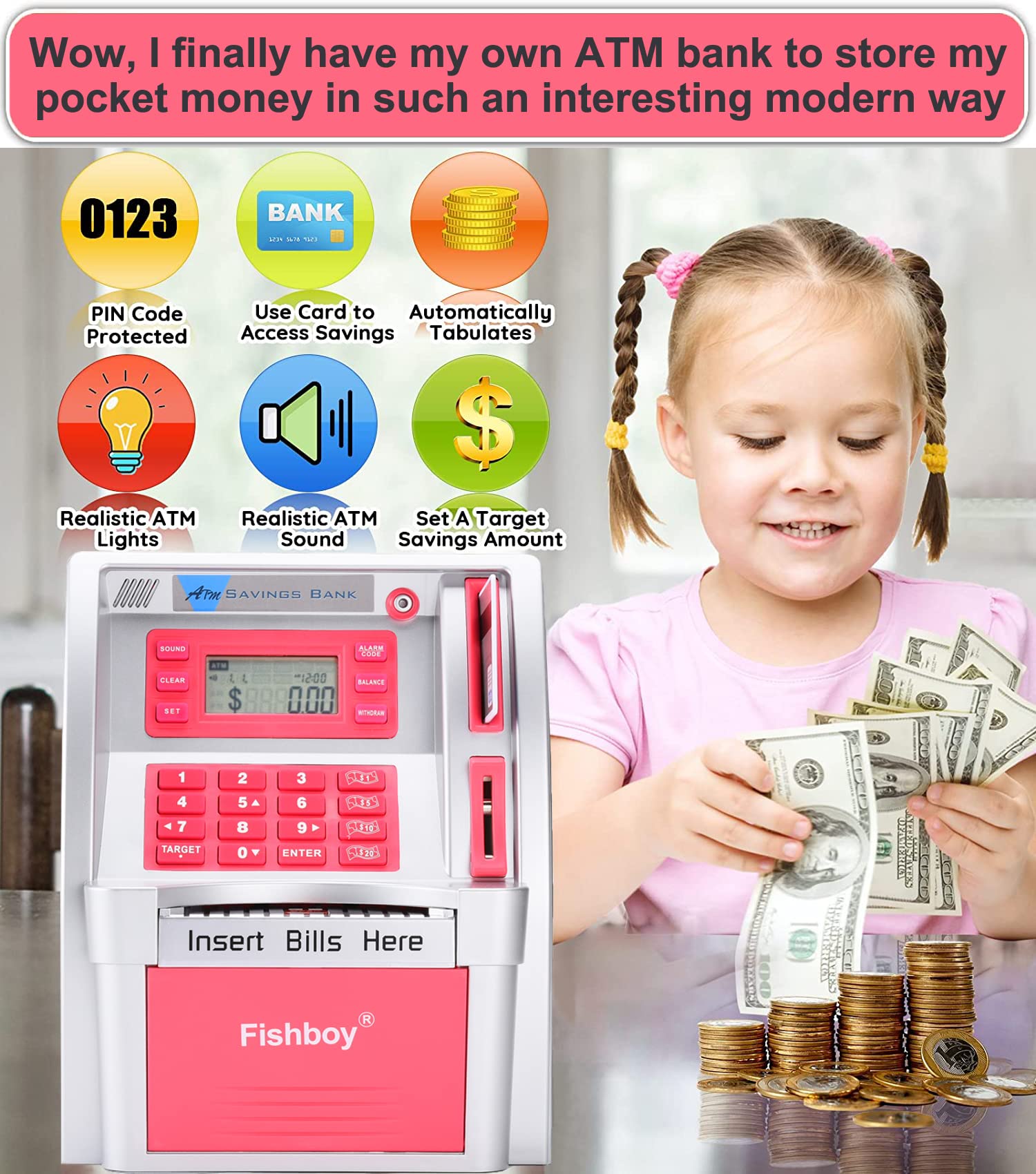 Fishboy Pink ATM Piggy Bank debit card access enables real-money transactions