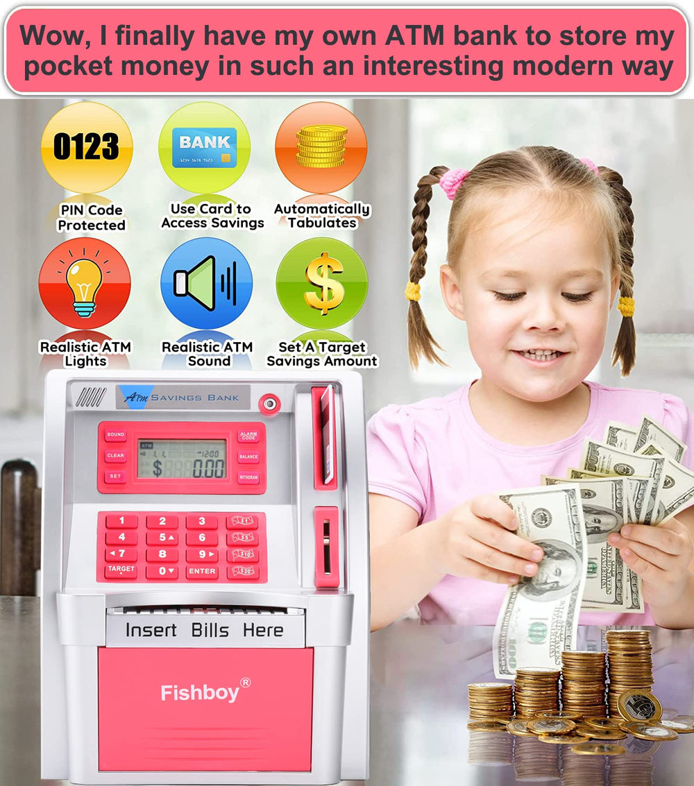 Fishboy Pink ATM Piggy Bank debit card access enables real-money transactions