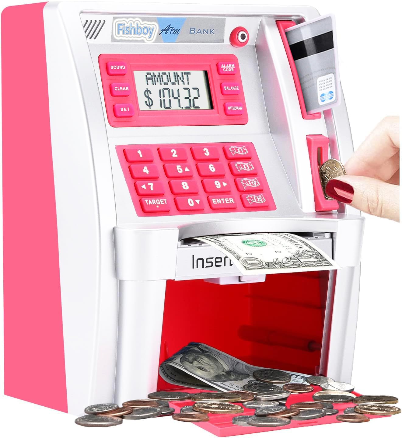 Fishboy Pink ATM Piggy Bank front view highlights kid-friendly design and easy-saving appeal