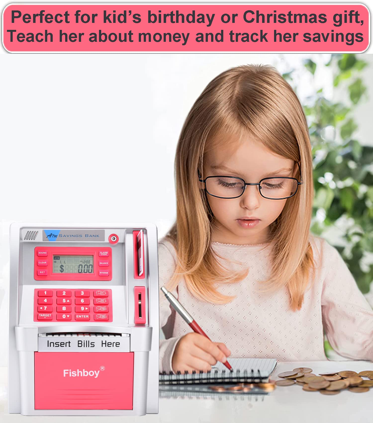 Fishboy Pink ATM Piggy Bank security PIN adds privacy and easy code management