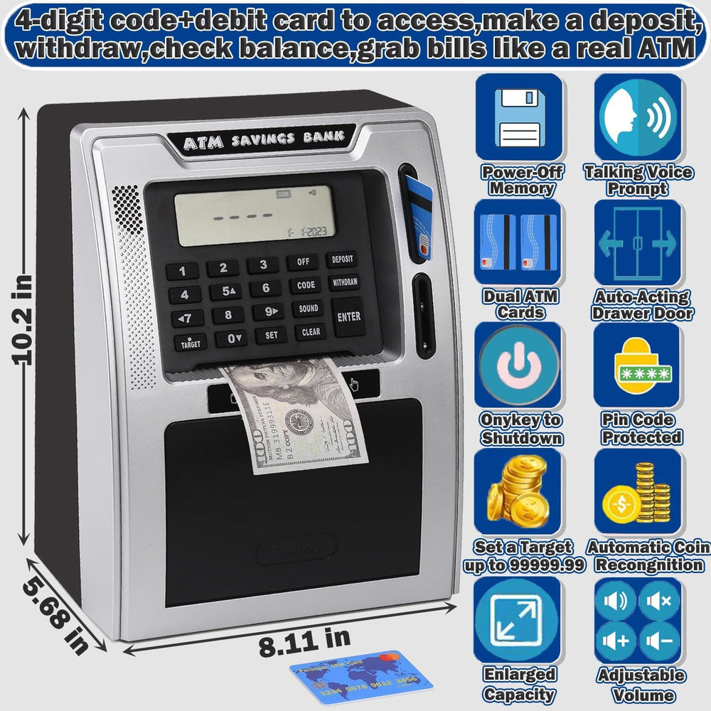 Fishboy Talking ATM Piggy Bank balance display showing savings progress.