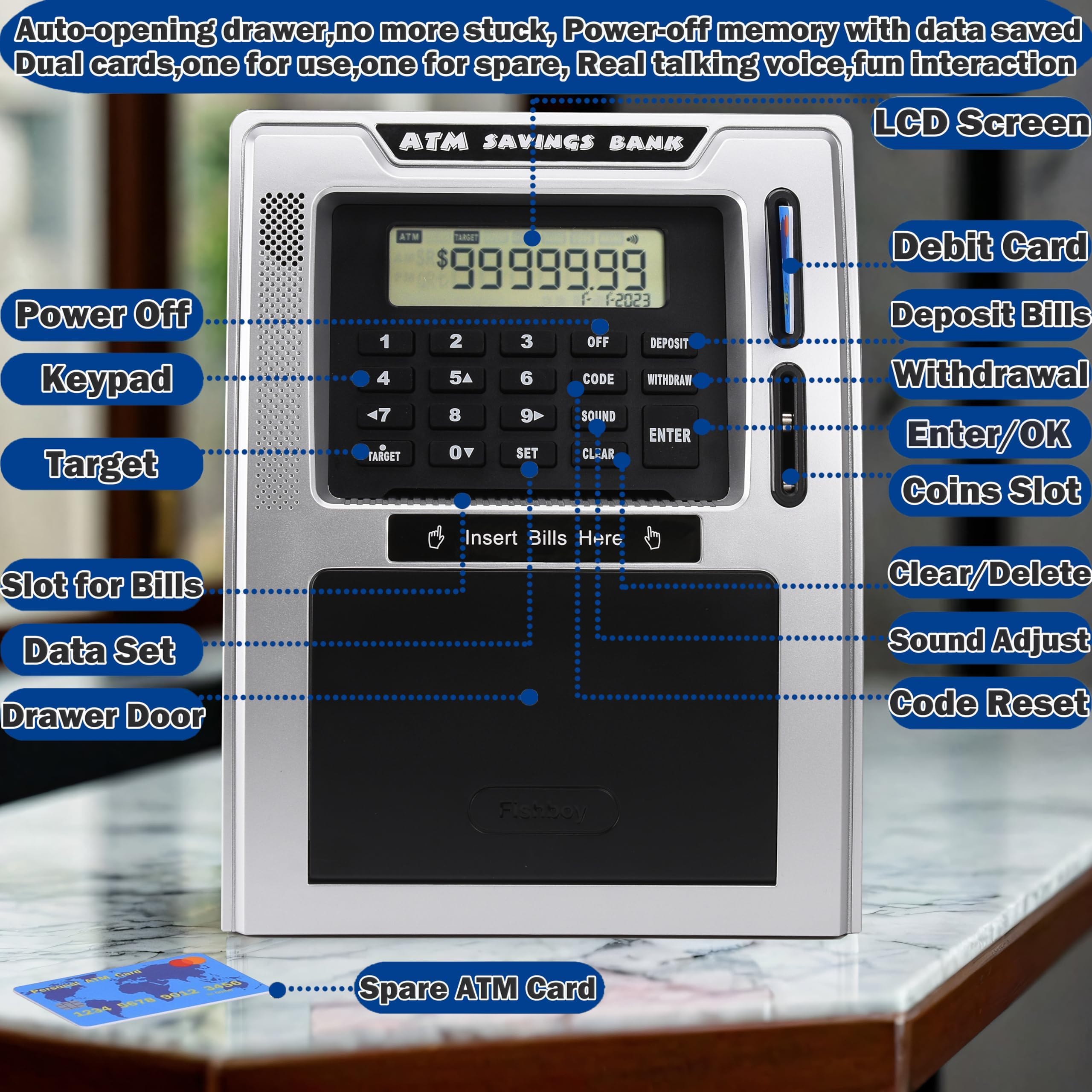 Fishboy Talking ATM Piggy Bank coin recognition speeds deposits.