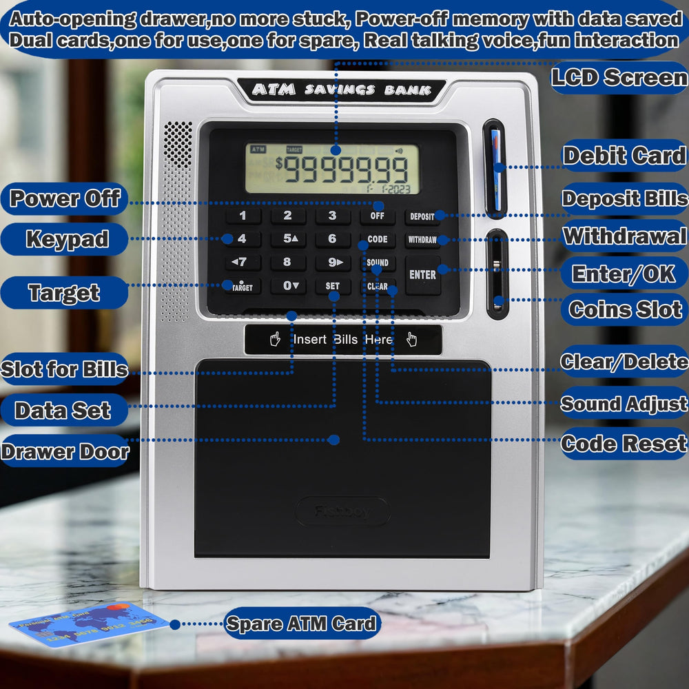 Fishboy Talking ATM Piggy Bank coin recognition speeds deposits.