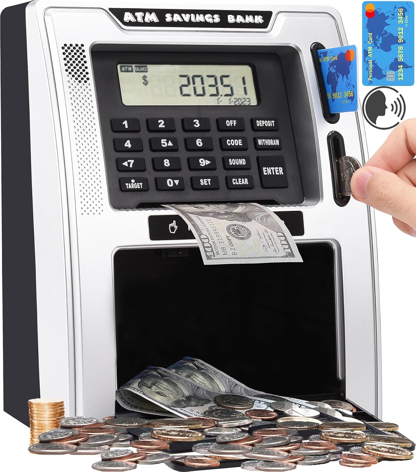 Fishboy Talking ATM Piggy Bank with drawer opening for deposits.