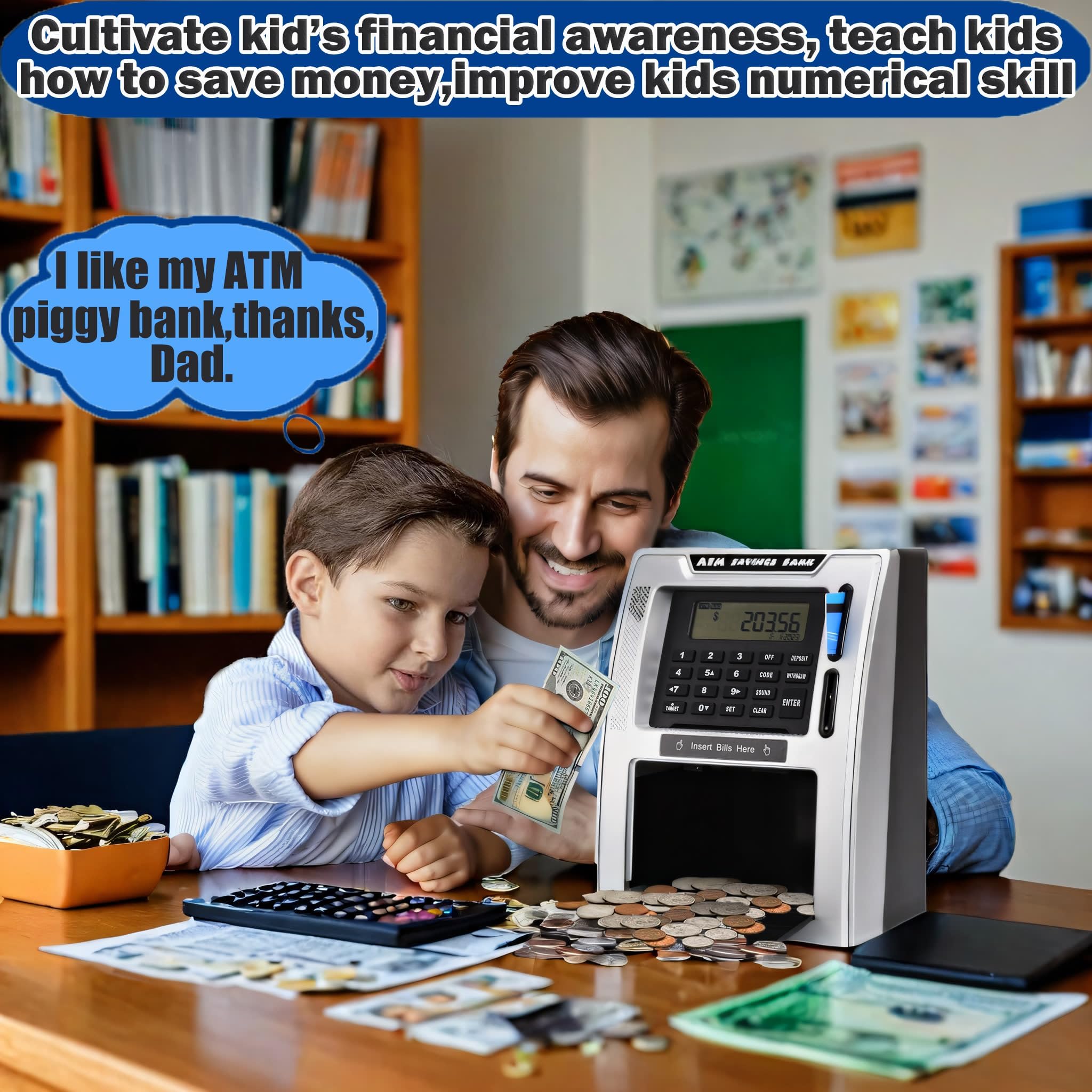 Fishboy Talking ATM Piggy Bank showing dual cards for savings.