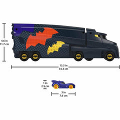 Trailer stores up to seven 1:55 scale vehicles for organized play.
