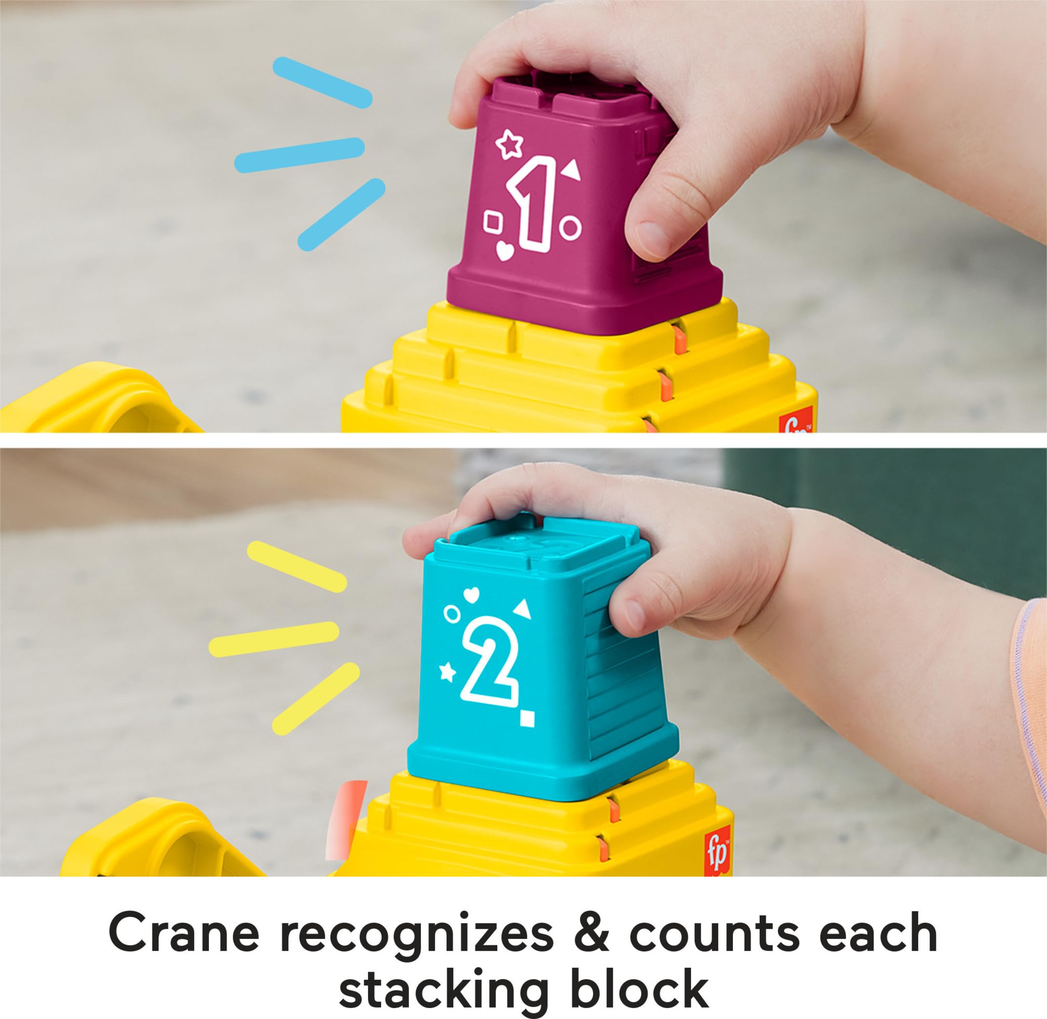 Fisher-Price Count & Stack Crane lights up with music and prompts play.