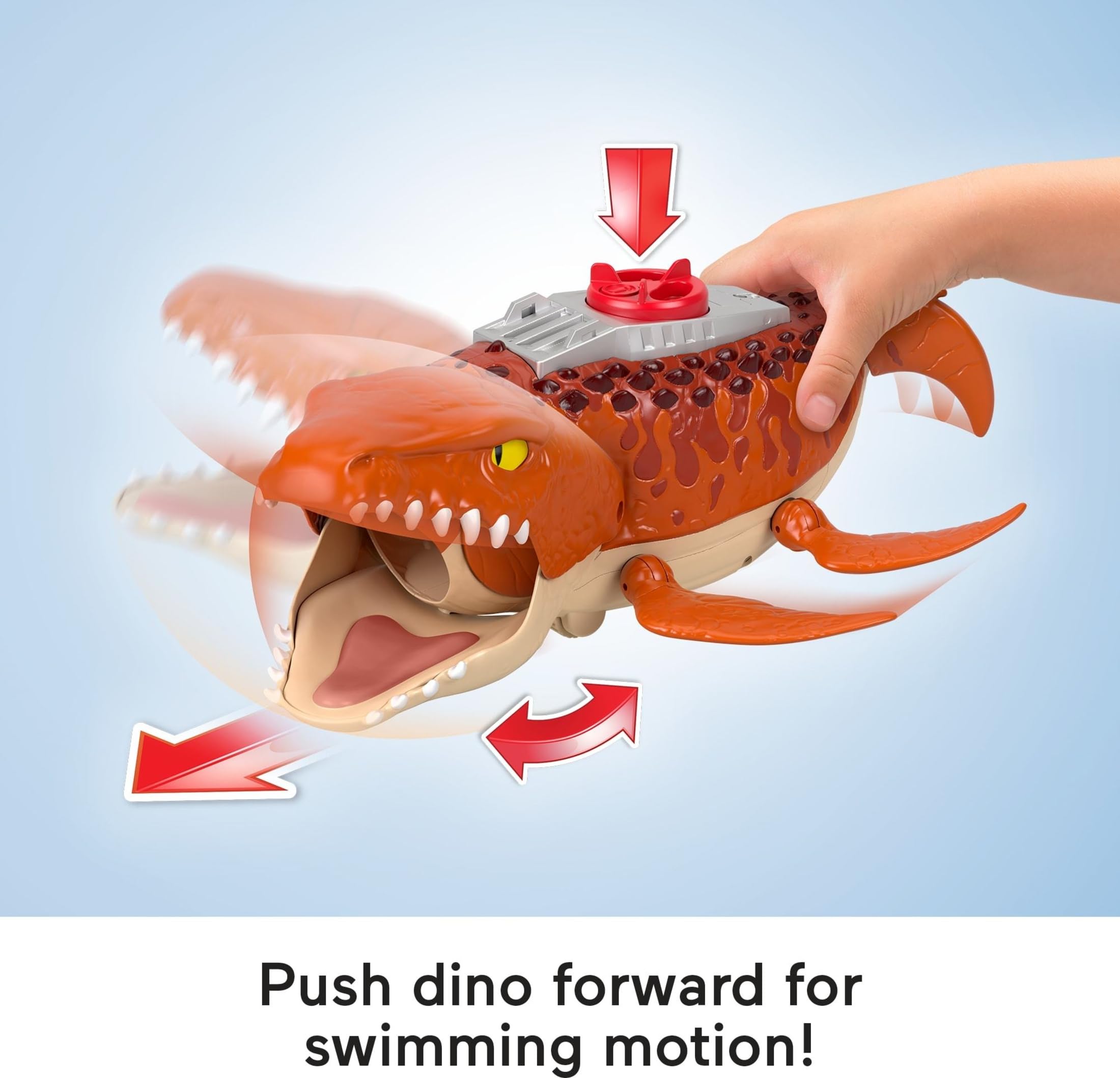 Fisher-Price Imaginext Aquachomp wheels let the dino swim on land.