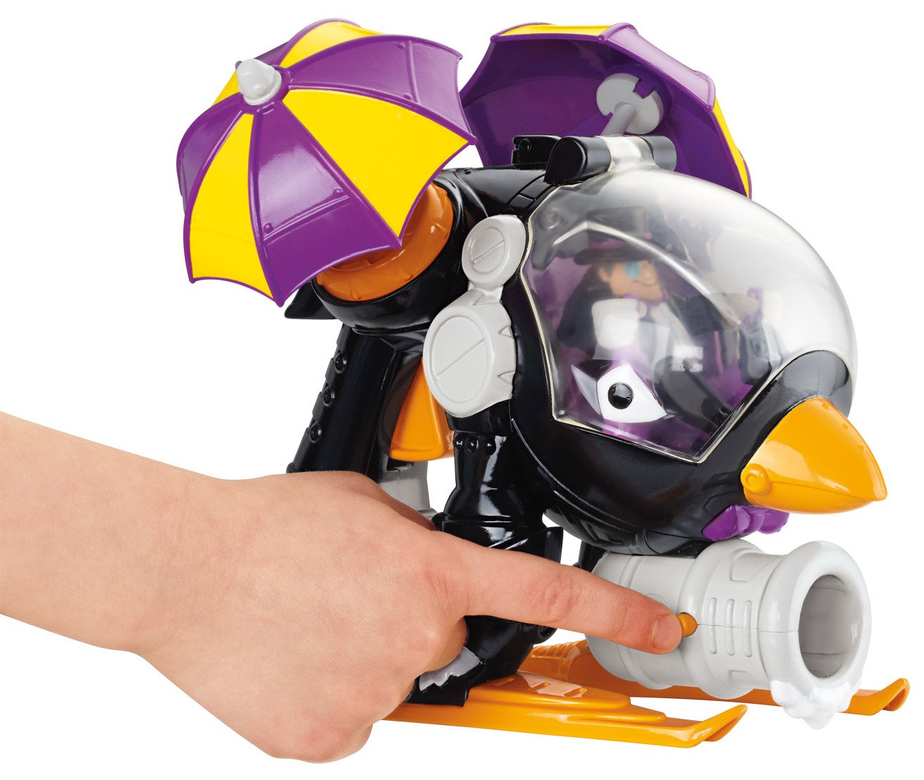 Fisher-Price Imaginext DC Penguin Copter with umbrella rotors in action, boosting imaginative play