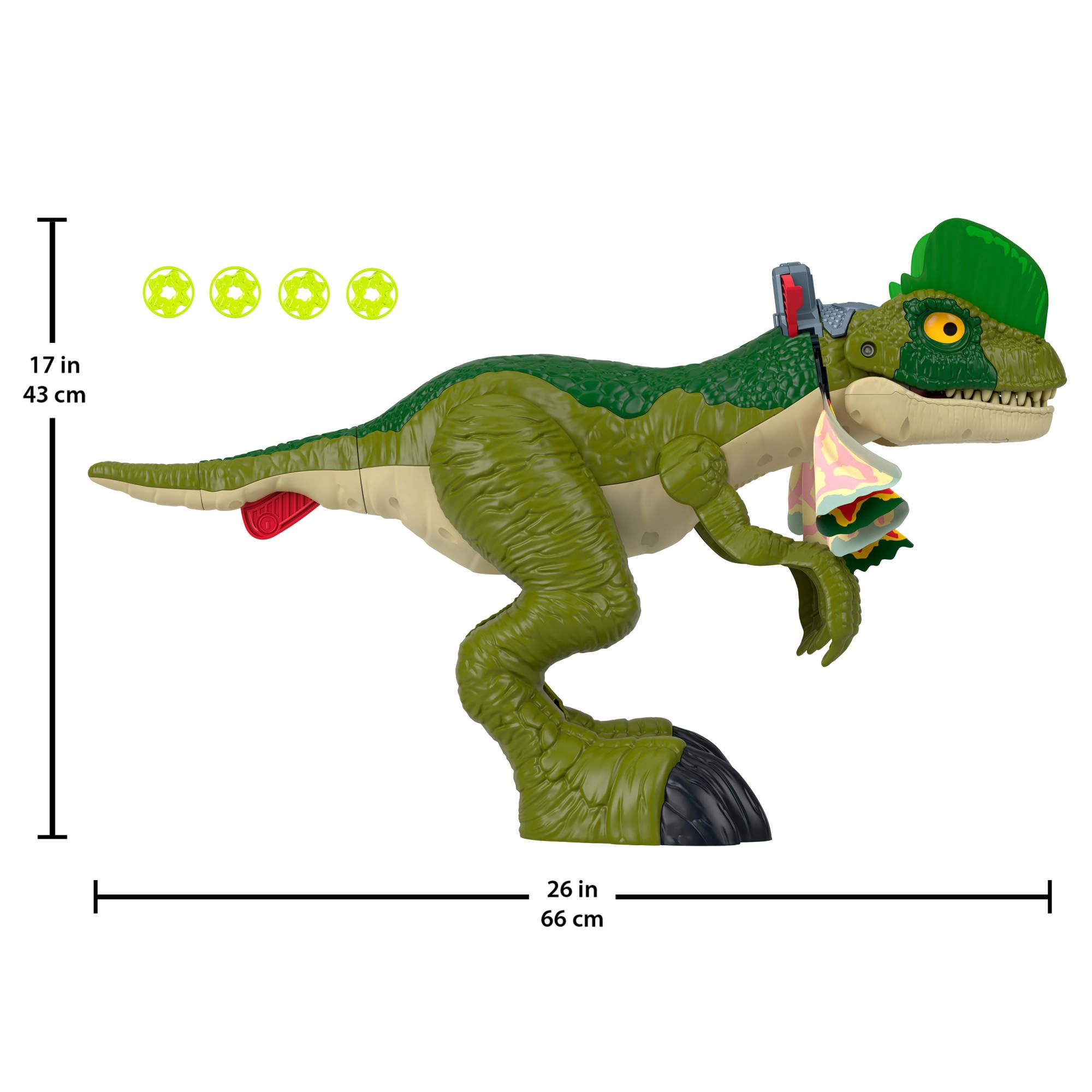 Over 16 inches tall, the Dilophosaurus makes a dramatic play scene centerpiece.