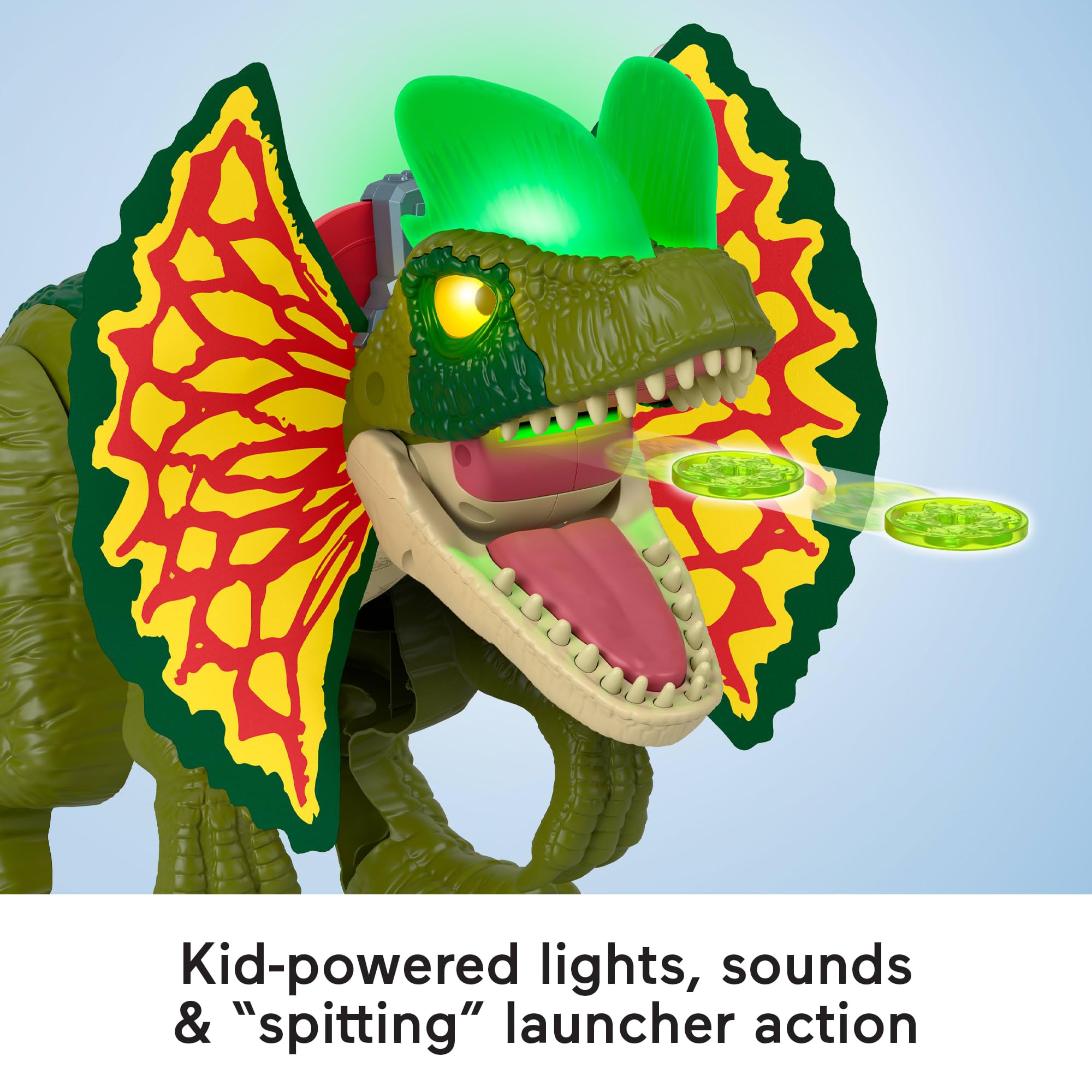 Tail twist extends frills with lights and sounds during play.