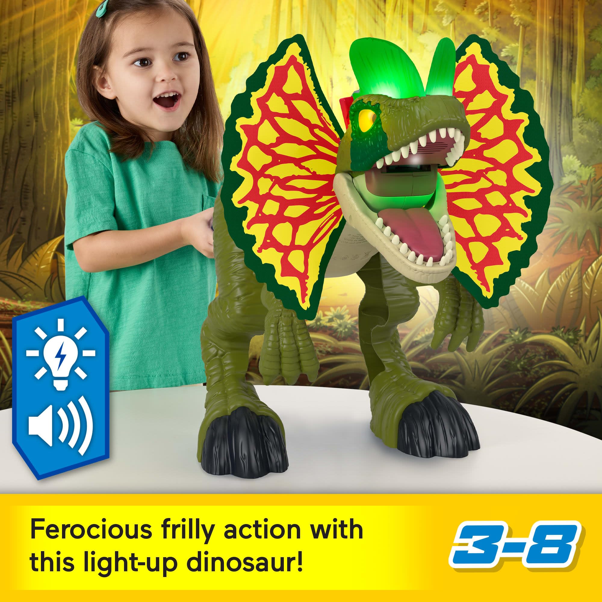 Dilophosaurus roars with lights and sounds to spark imaginative storytelling.