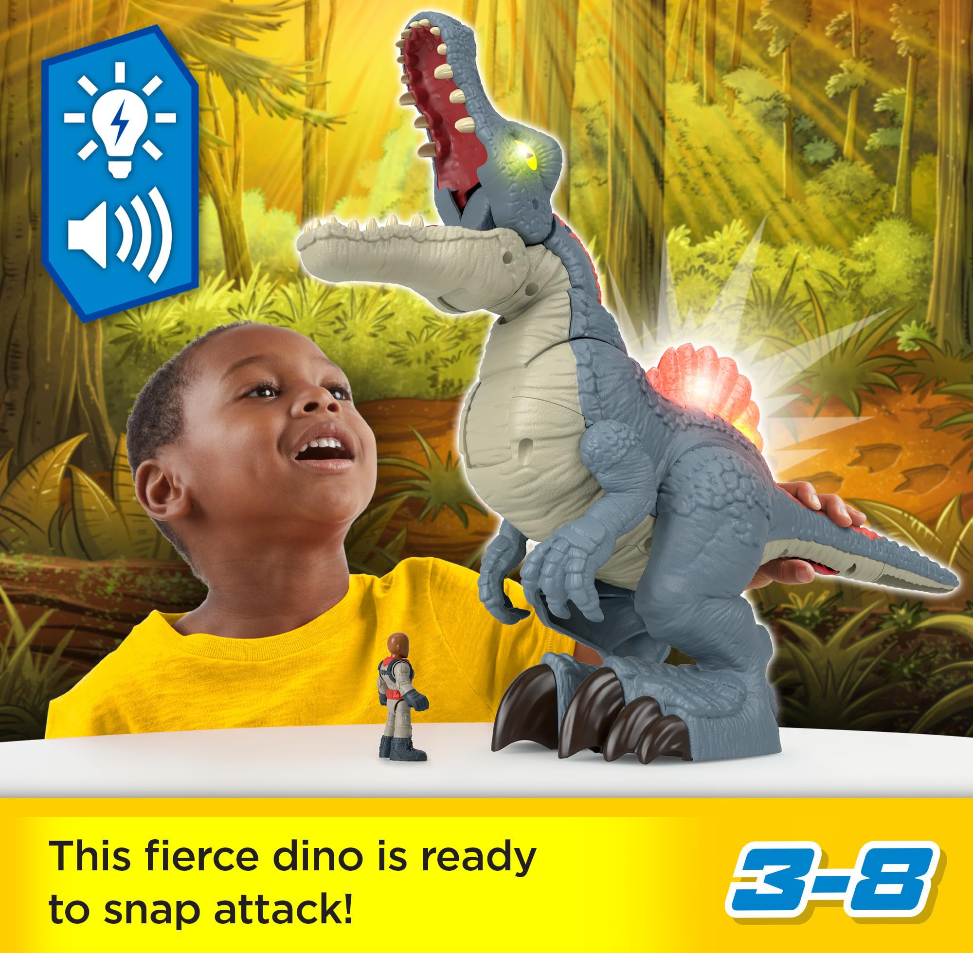 Spinosaurus attack-action image showing head rearing and snapping jaws for pretend battles.