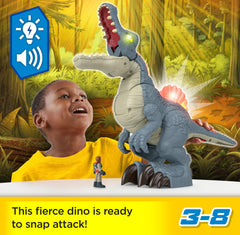 Spinosaurus attack-action image showing head rearing and snapping jaws for pretend battles.