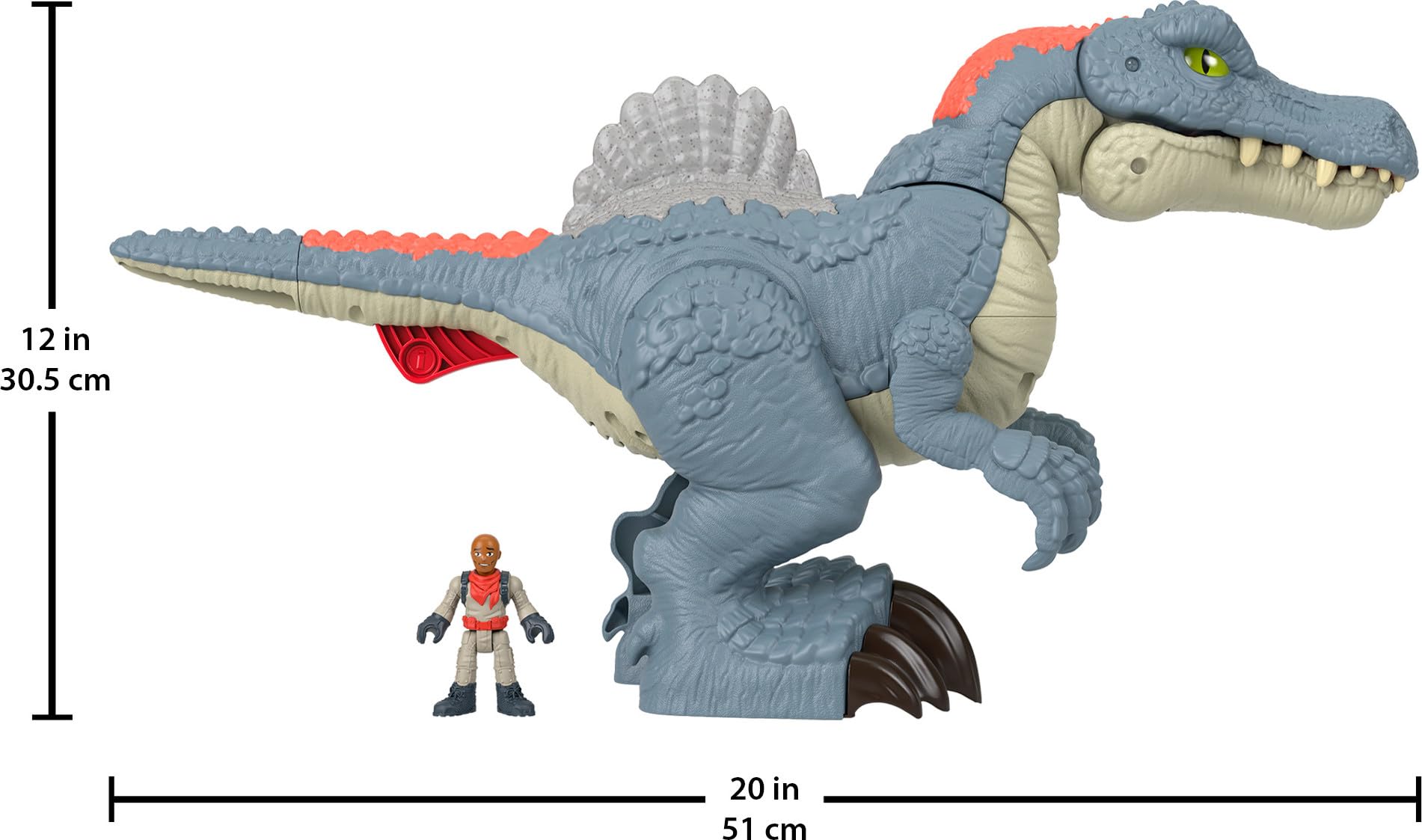 Mouth-opening feature of the Spinosaurus for exciting chomping moments in play.