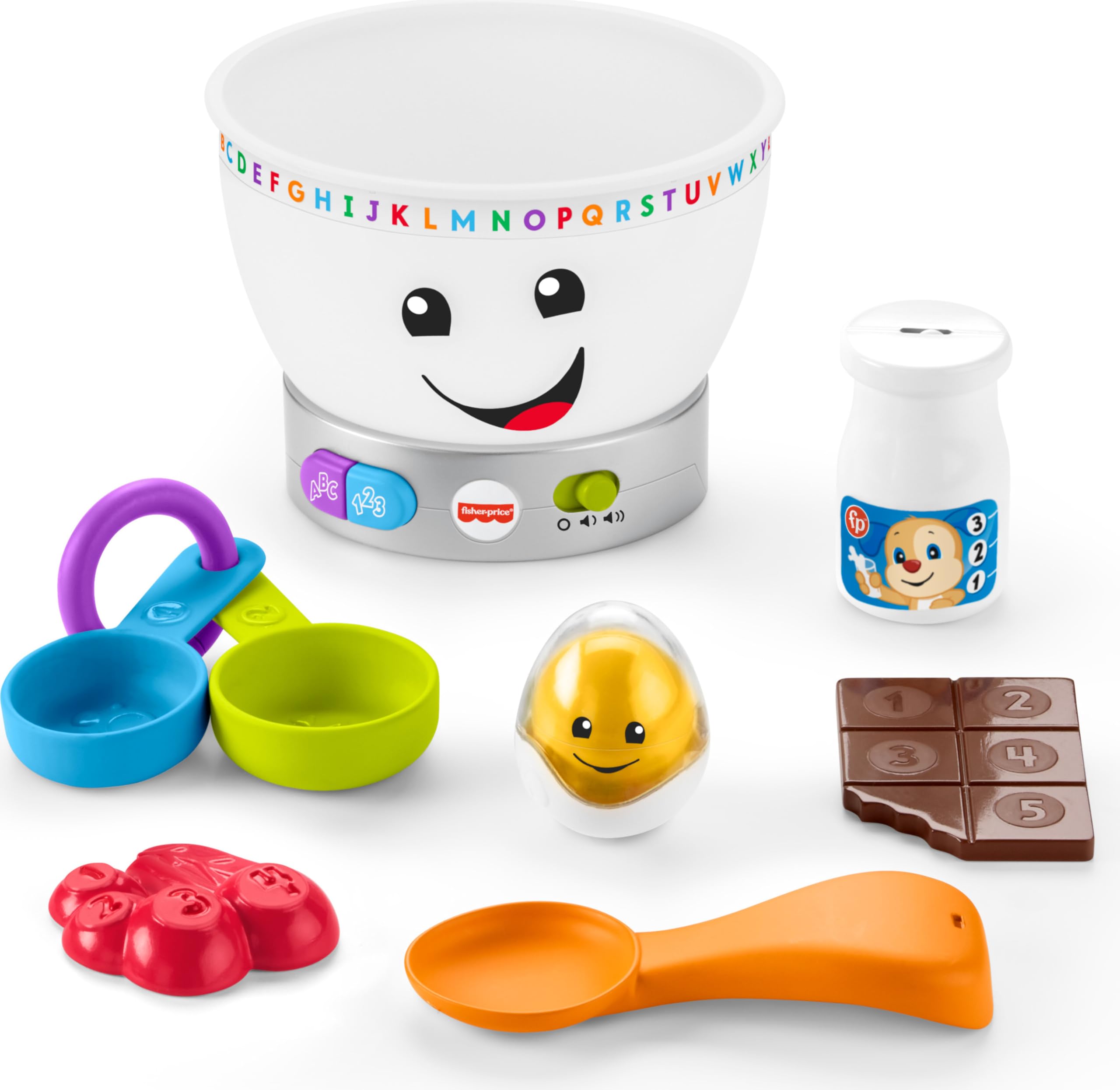 Fisher-Price Laugh & Learn Magic Color Mixing Bowl with six removable ingredients for pretend play.