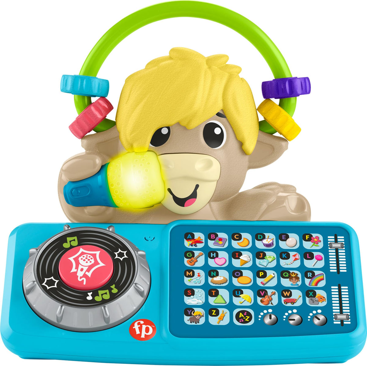 Fisher-Price Link Squad Yak DJ table buttons light up to the beat for alphabet learning.