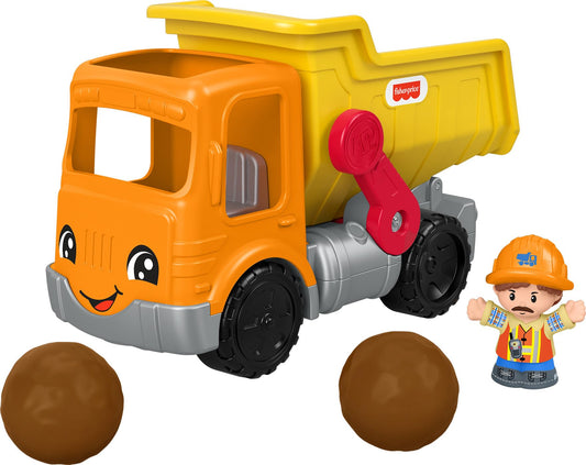 Fisher-Price Little People dump truck loading boulders for realistic pretend play and motor skill practice.