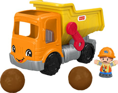 Fisher-Price Little People dump truck loading boulders for realistic pretend play and motor skill practice.