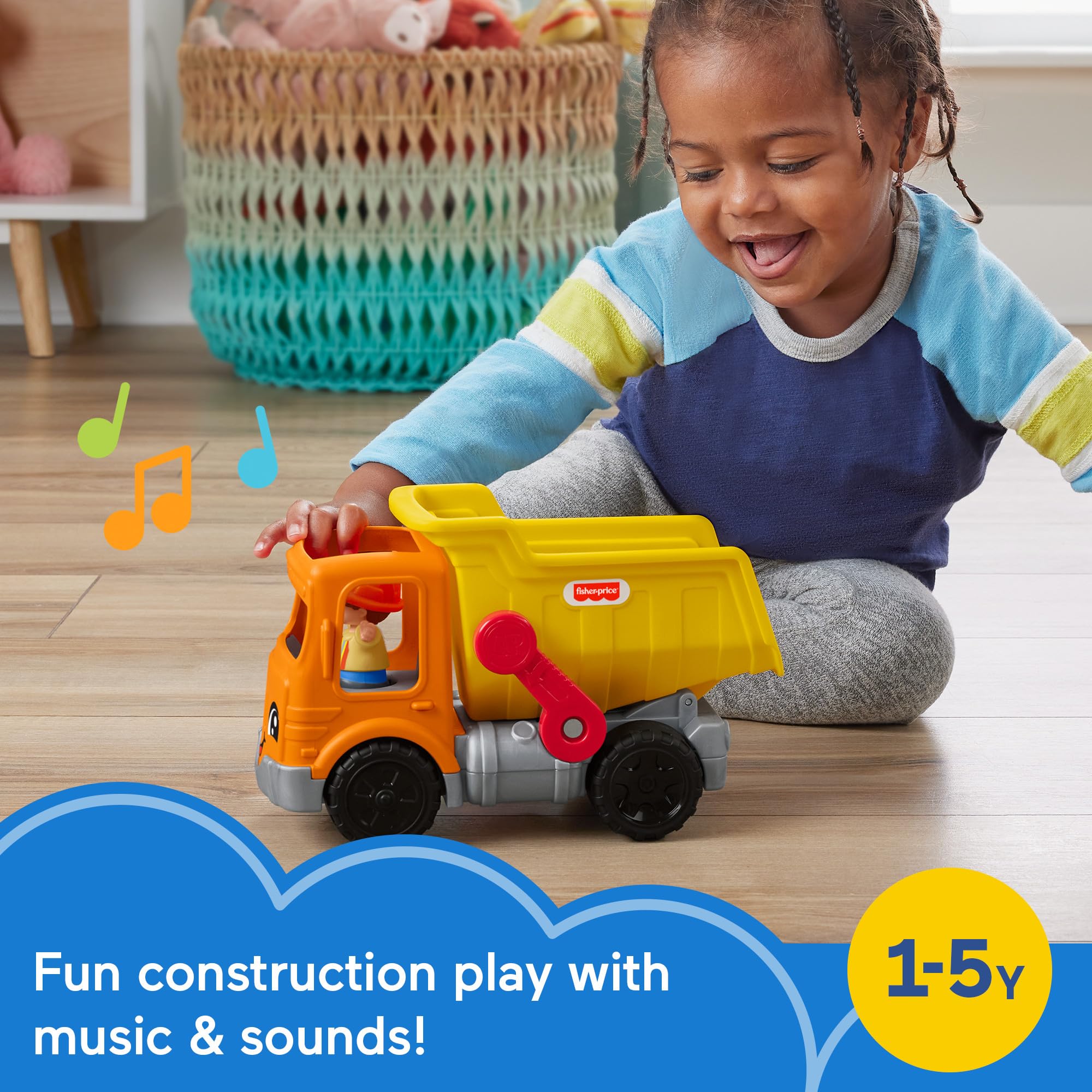 Fisher-Price Little People dump truck push action with sounds for interactive play.