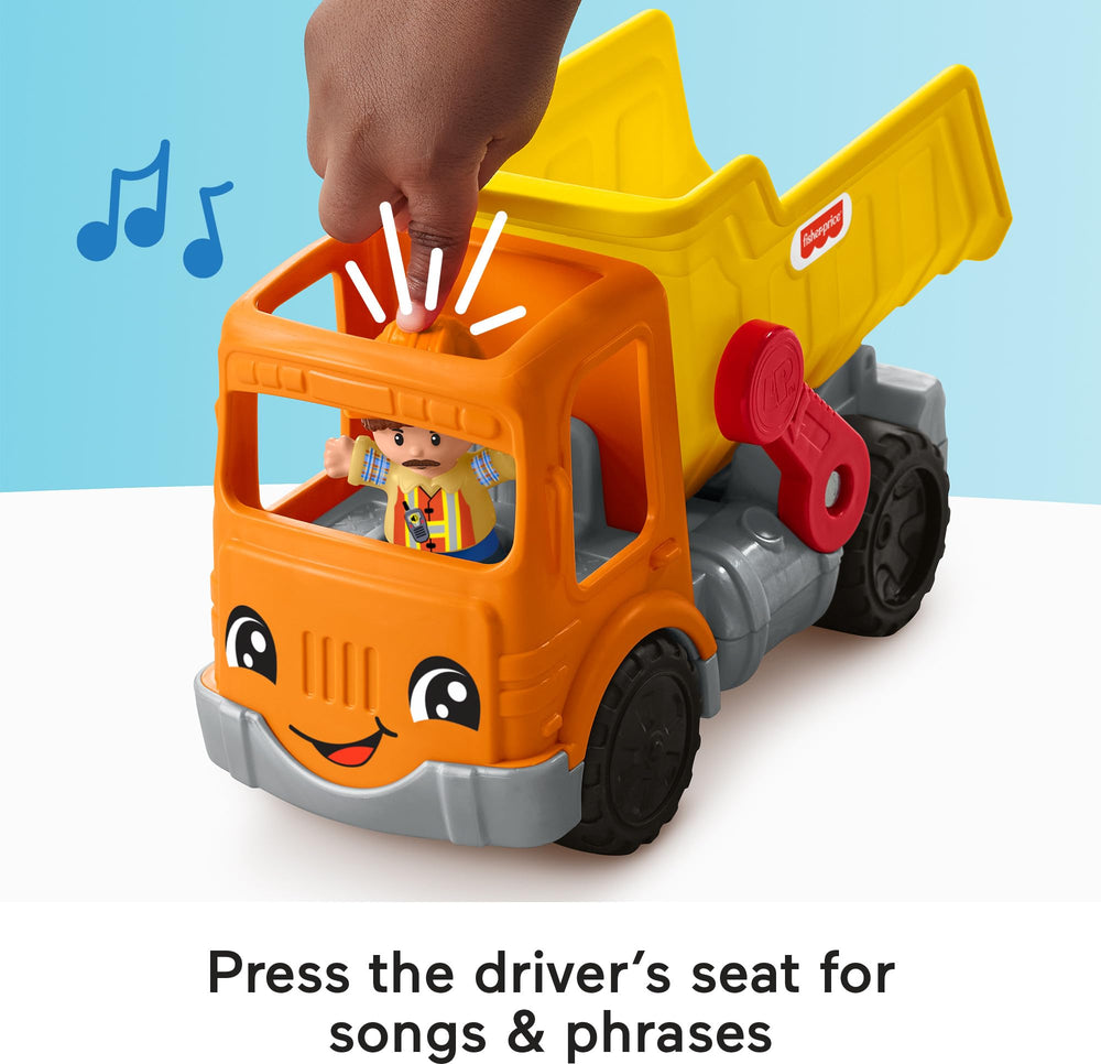Fisher-Price Little People dump truck with sounds and teamwork phrases to encourage cooperation.