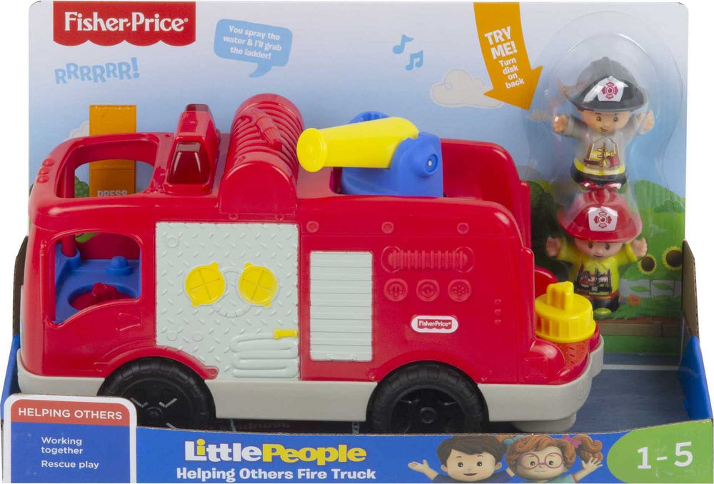 Fisher-Price Little People fire truck emphasizes sound effects and phrases promoting teamwork.