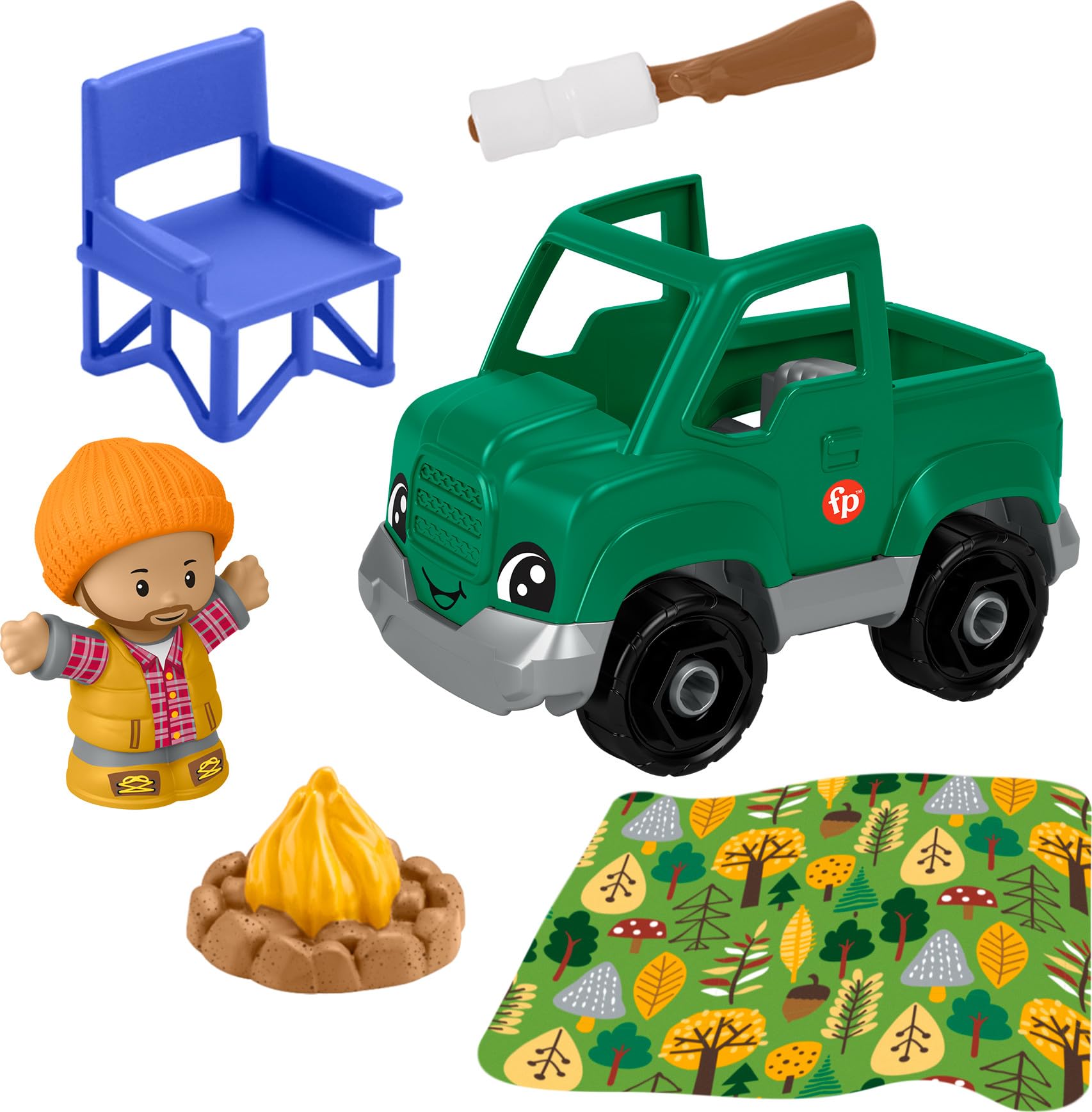 Fisher-Price Little People Time to Camp camper figure for imaginative play.