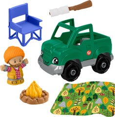 Fisher-Price Little People Time to Camp camper figure for imaginative play.