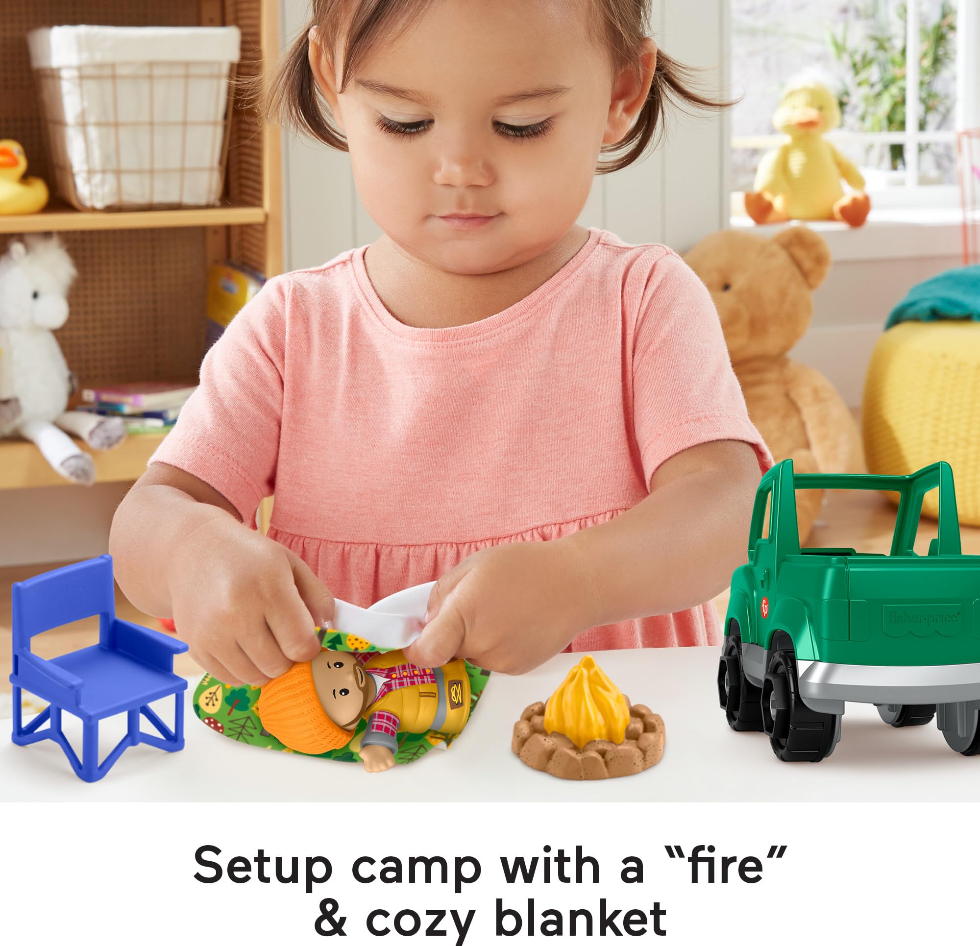 Fisher-Price Little People Time to Camp cozy chair and blanket for snuggly playtime.