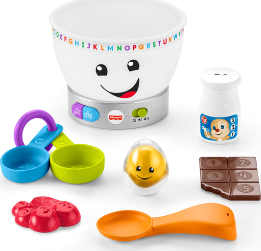 Fisher-Price Magic Color Mixing Bowl with ingredients for pretend baking.