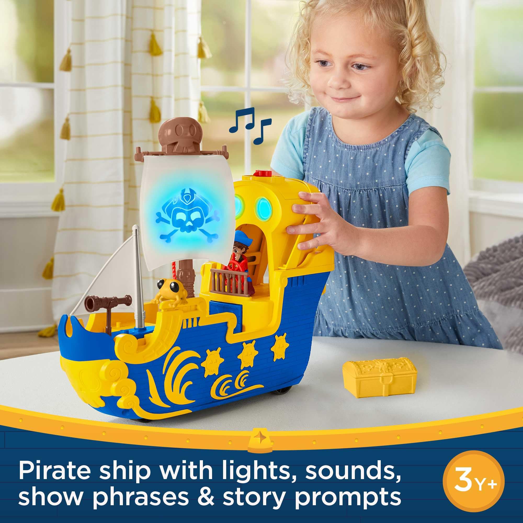 Fisher-Price Santiago compass dial lights guide kids through bilingual pirate adventures.
