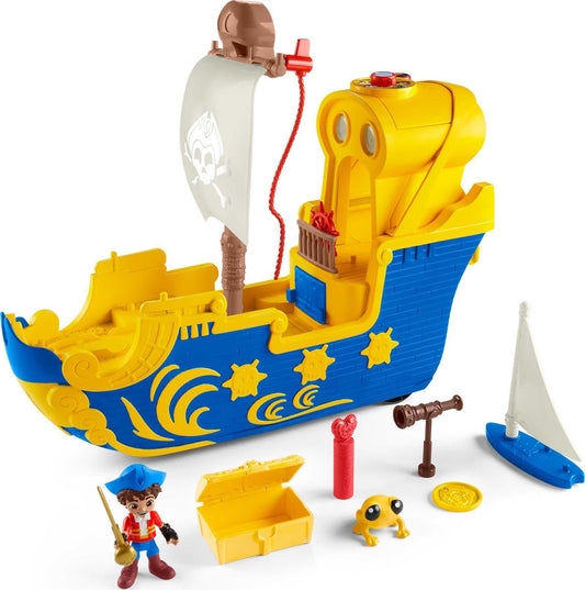 Fisher-Price Santiago of the Seas El Bravo ship sails with colorful lights to spark pretend play.