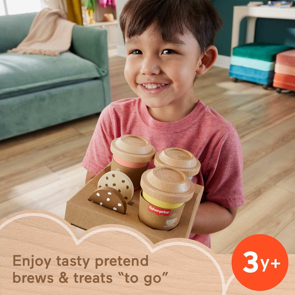 Fisher-Price wood cups with lids for durable pretend café use