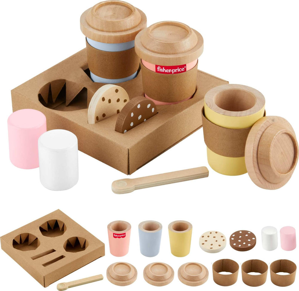 Fisher-Price wood coffee to go cafe set with cups for pretend play and storytelling