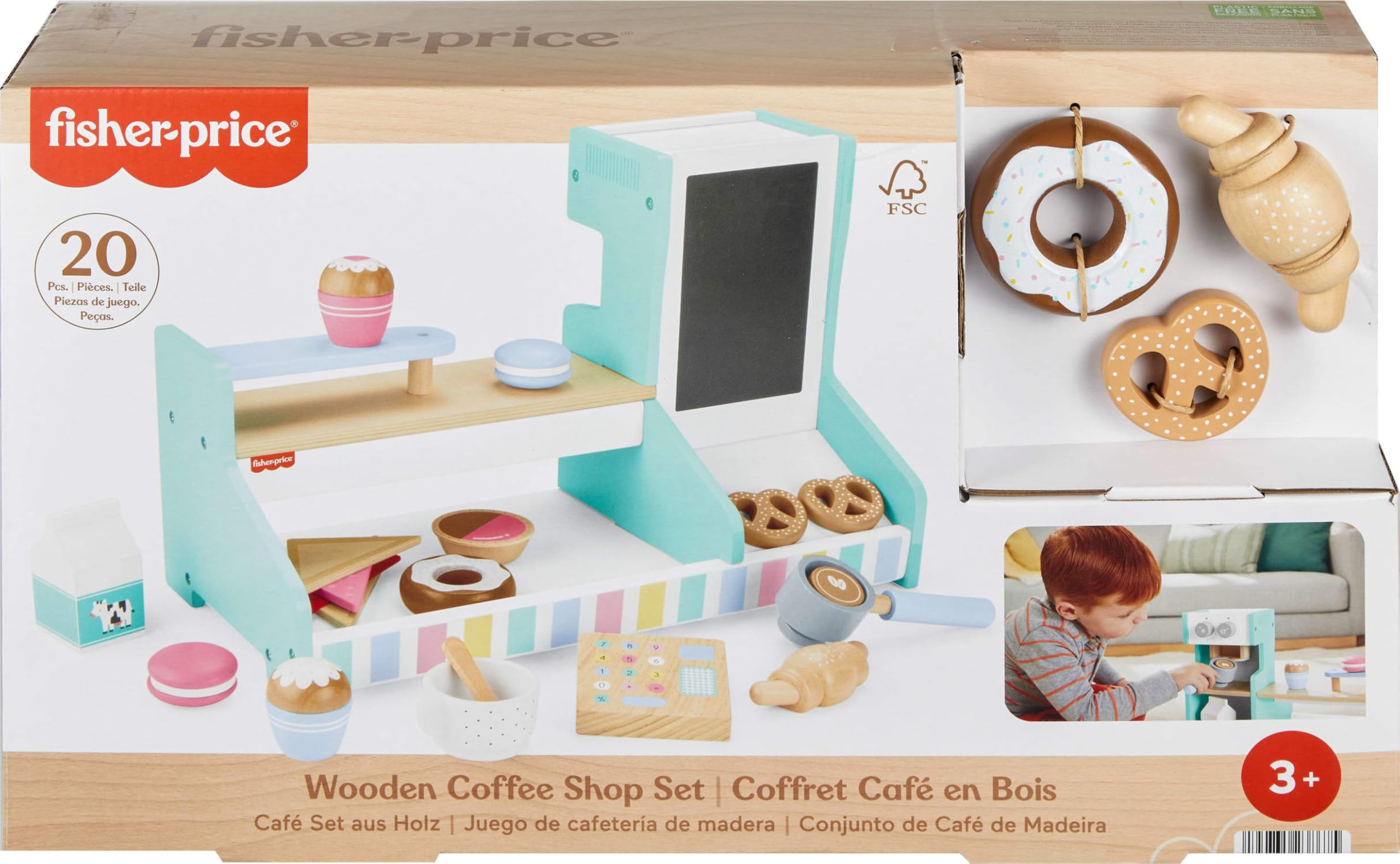 Fisher-Price wooden play food pieces on display for tasty pretend treats