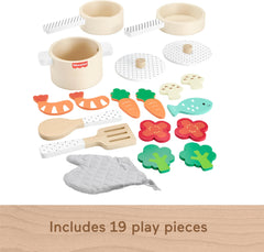 Fisher-Price wooden pans with lids support creative pretend meals and kitchen storytelling.