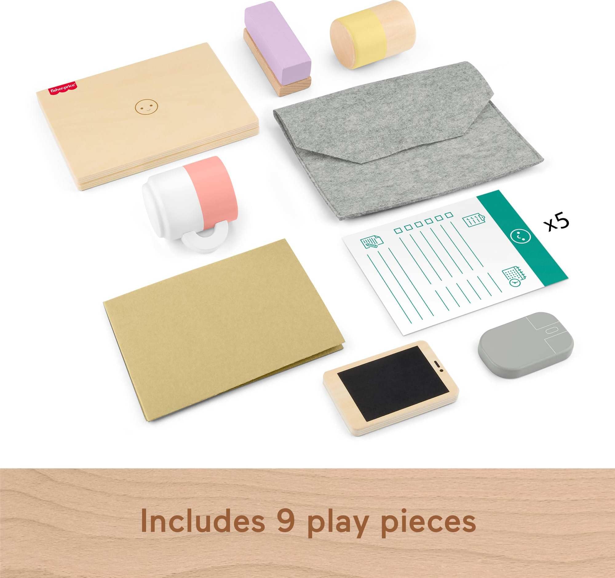 Fisher-Price Wood Pretend Office stapler invites organization and sorting play