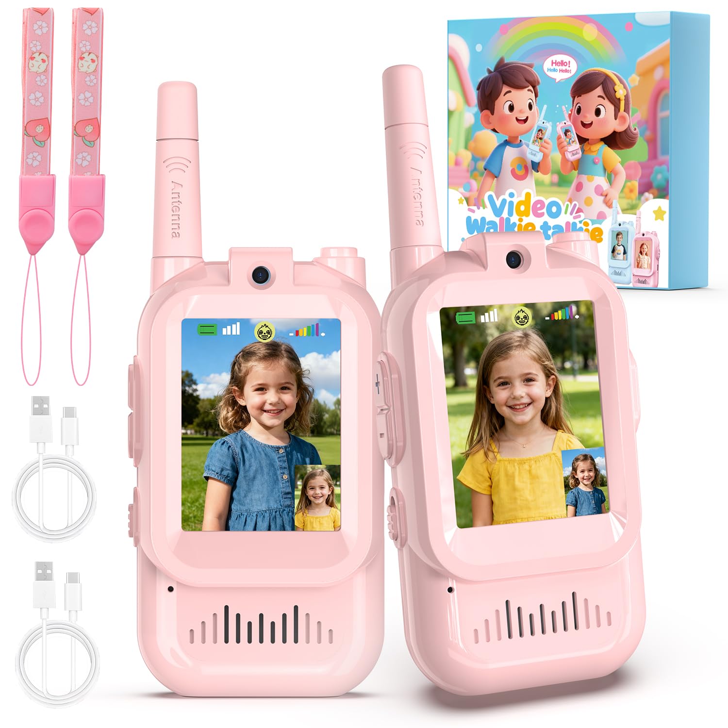 FISHOAKY video walkie talkies two pack in pink packaging, perfect for gifting to kids.