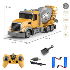Fistone RC cement mixer truck back view demonstrates hitching with toy vehicles.