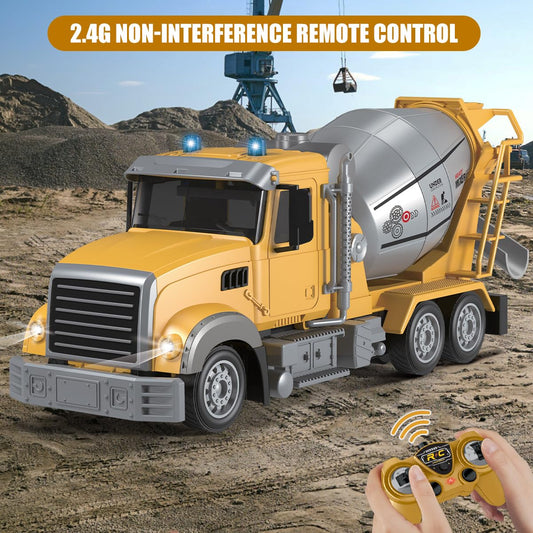 Fistone RC cement mixer truck side view highlights 6-channel control for versatile maneuvering.