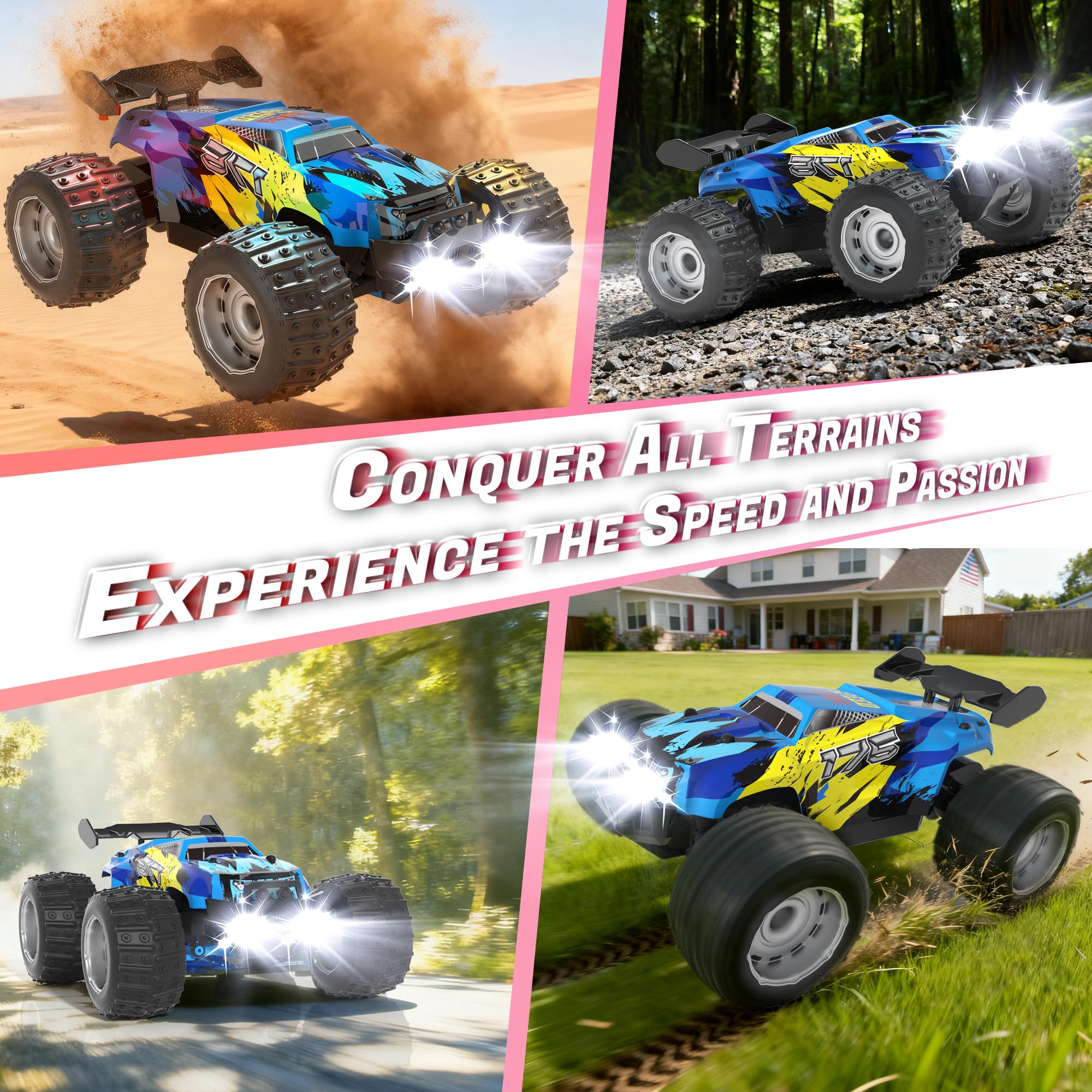 Fitrobust monster truck on all-terrain tires conquering grass and sand.